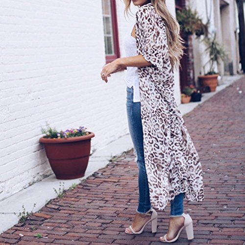 Women Fashion Long Sleeve Floral Leopard Print Cardigan Kimono Long Chiffon Robe Coat Beach Cover Up Blouse Tops (XL, White)