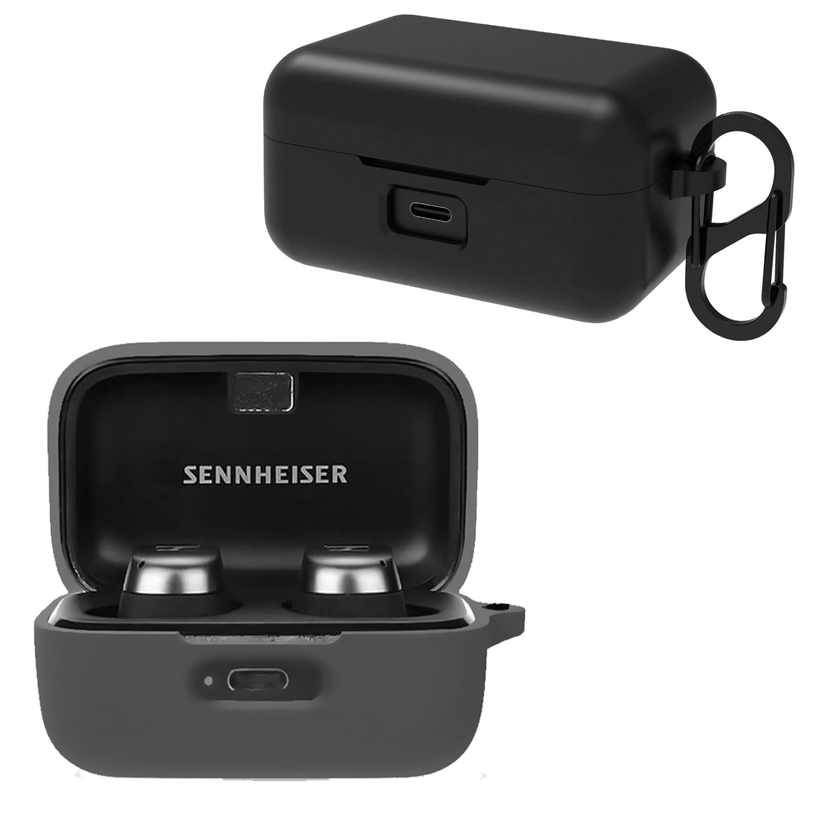 KZIOACSH Silicone Case for Sennheiser MOMENTUM True Wireless 4, Ultra Slim Anti-Scratch Anti-Lost Protective Case Lightweight Washable Sumdge-Proof Earphone Skin Cover with Carabiner, Black