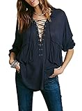 Urban CoCo Women's Sexy Bandage Plain Deep V Neck Long Sleeve Blouse Tops (L, blue)