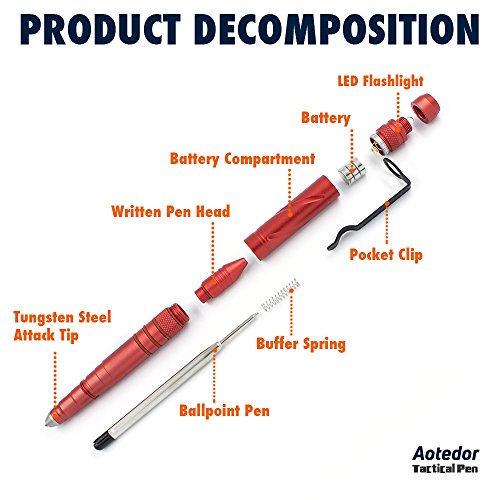 Aotedor Aircraft Aluminum Tactical Pen with Tungsten Carbide Tip Sturdy Stanless Steel - Red