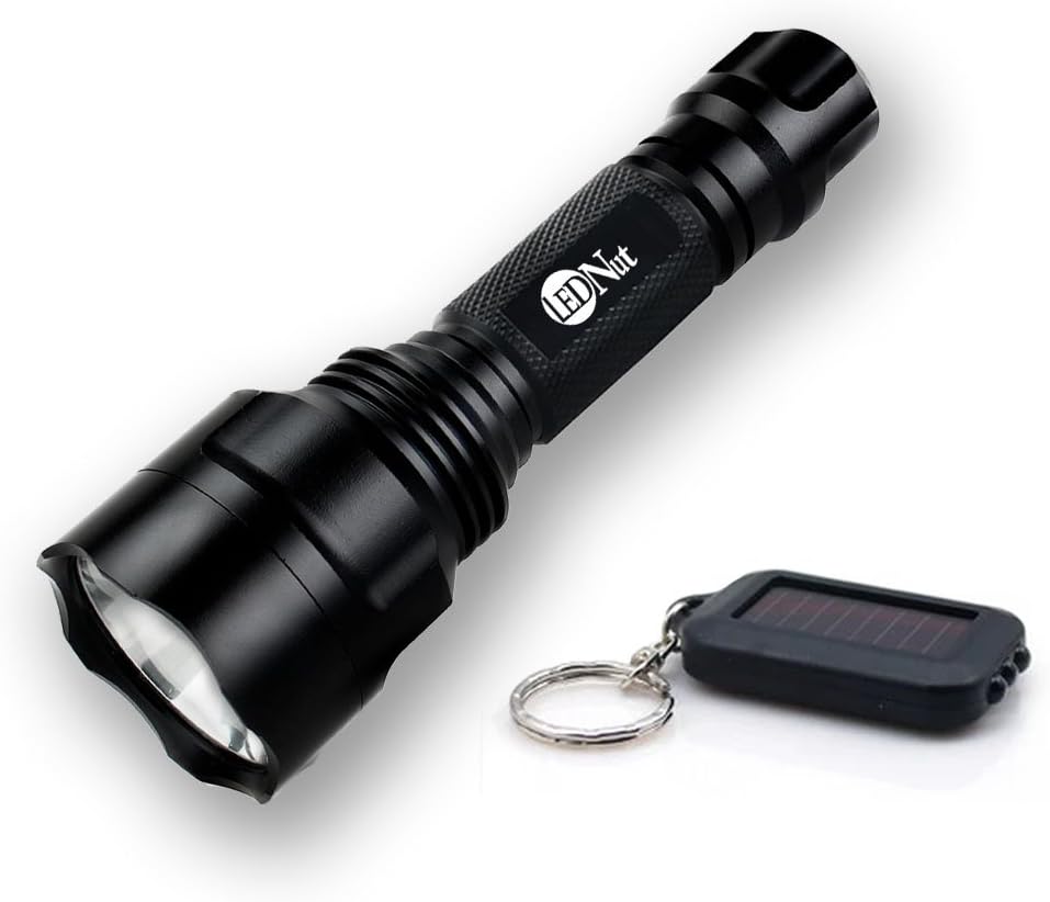 LEDNut Rechargeable C8 Flashlight, CREE XM-L T6 LED 1000 Lumen Flashlight Torch for Riding, Camping, Hiking, Hunting & Indoor Activities With a Solar Key-chain