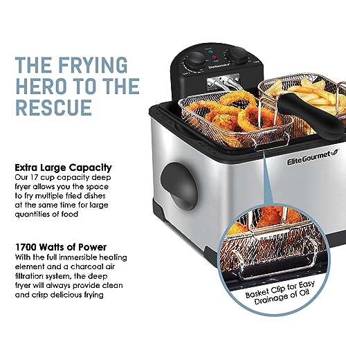 Friteuse Électrique Elite Gourmet 1700W - 3 Paniers (1x3.8L + 2x1.9L), Minuterie, Température Réglable