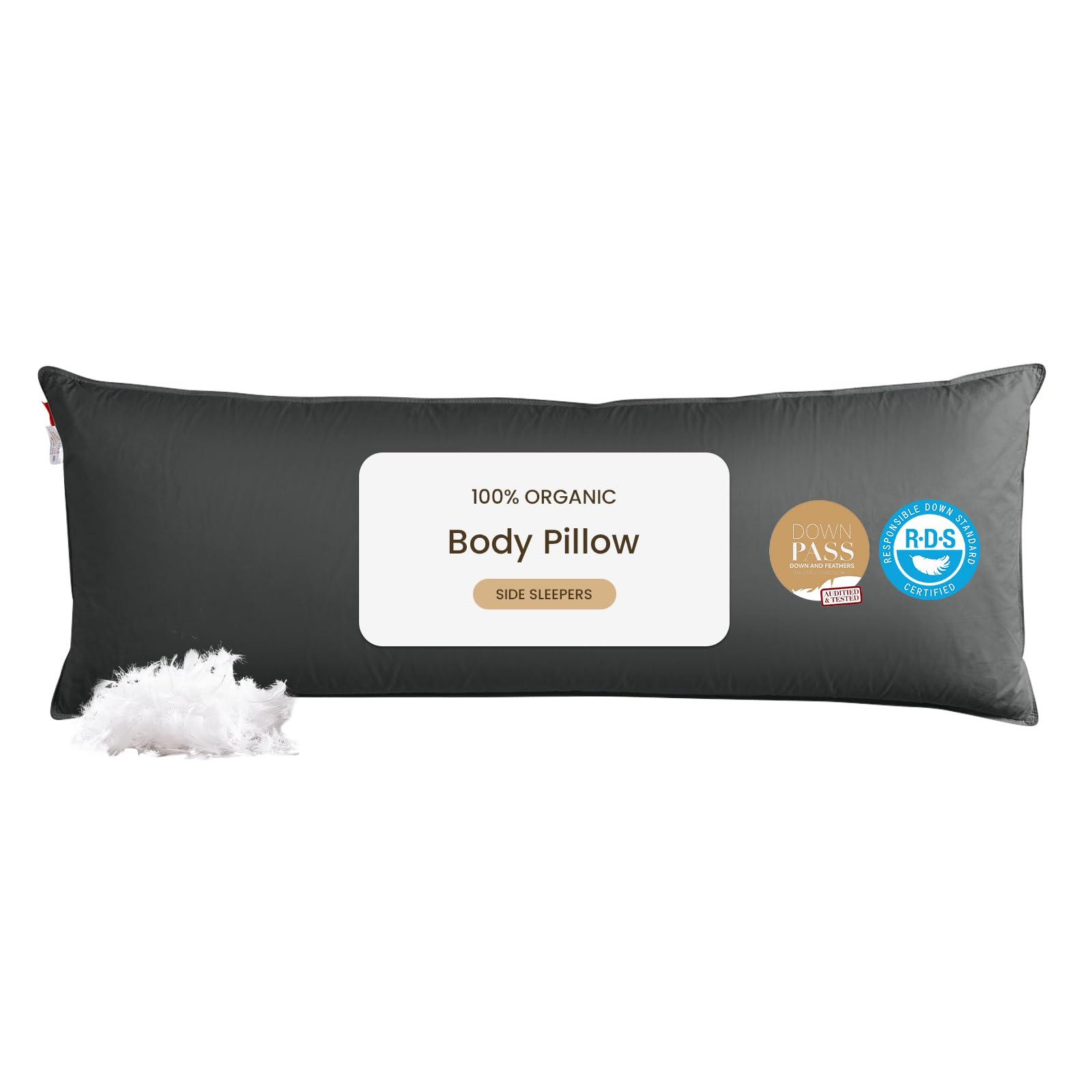 Photo 1 of Goose Down Body Pillows for Adults, Large Body Pillow for Side Sleeper, Hugging Feather Body Pillow Insert, Cooling Full Length Long Pillow for Bed with 100% Organic Cotton Shell, Black 20"x54"