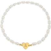 Tyebiva Initial Gold Beaded Heart Stack Bracelets for Women, Dainty Boho Handmade Pearl Stackable Stretch Fashion Jewelry Gift.