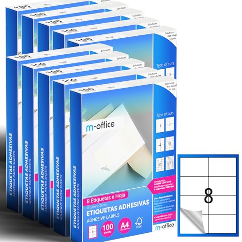 M-Office A4 Compatible Label Printer, White Stickers for Daily Use, Adhesive Paper for Printing, Write Stickers (8 per Sheet, 1000h)