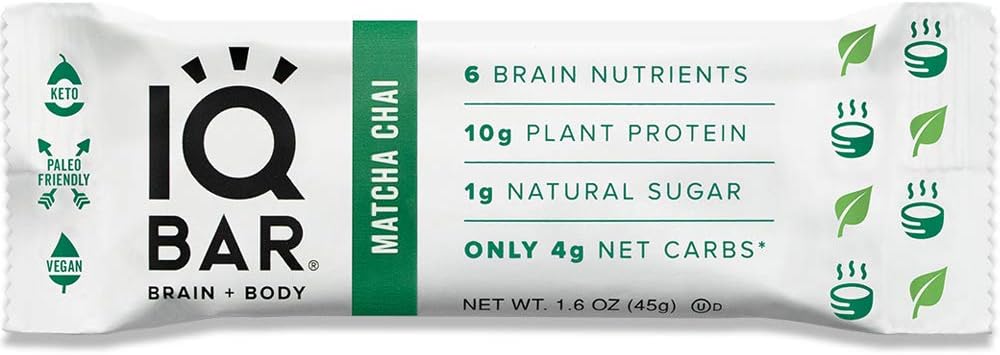 IQ BAR Brain + Body Bar, Matcha Chai, 10g Plant Protein, 1g Sugar, 4g Net Carbs, Keto, Paleo Friendly, Vegan, Gluten Free, Low Carb, 1.6oz Bar, 12 Count