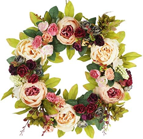Peony Flowers Silk Front Door artificial Wreath 16 Inch -Handcrafted on a Grapevine Wreath Base- Display in Spring, Easter, and Summer