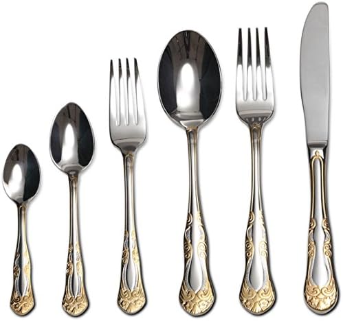 Venezia Collection 75-Piece Fine Flatware Set, Silverware Cutlery Dining Service for 12, Premium 18/10 Surgical Stainless Steel, 24K Gold-Plated (gold sets only) Hostess Serving Set (Siena)
