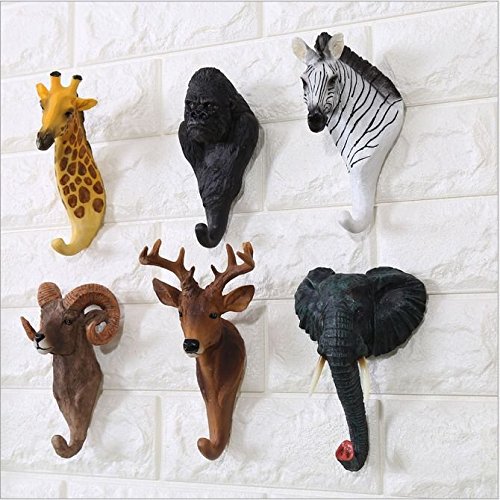 XFX 6Packs Resin and Iron Rustic Vintage Decorative Wall Hooks Including Zebra, Giraffe, Gorrila, Antelope, Deer and Elephant with Screws