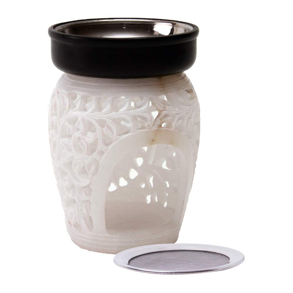 Bitto Amphore Duo Incense Burner for Loose or Liquid Incense, Alabaster with Stainless-Steel Sieve und Soapstone Dish, Height 13 cm, Diam. 9 cm