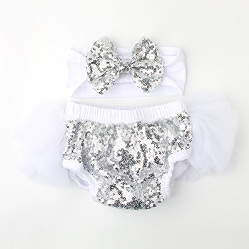 Slowera Baby Girls 2PCS Sets Cotton Tulle Sequins Diaper Cover Bloomers and Headband (White Silver, M: 6-12 Months)