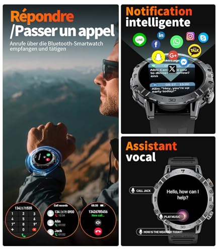 Men's Military Smart Watch, 1.7 Inch Smartwatch with 1000 mAh, 3 Bracelets + 2 Chargers, Bluetooth Calling, LED Lamp, 110+ Sports Modes/IP68, Heart Monitoring/Sleep Monitoring, Android/iOS EF18-A