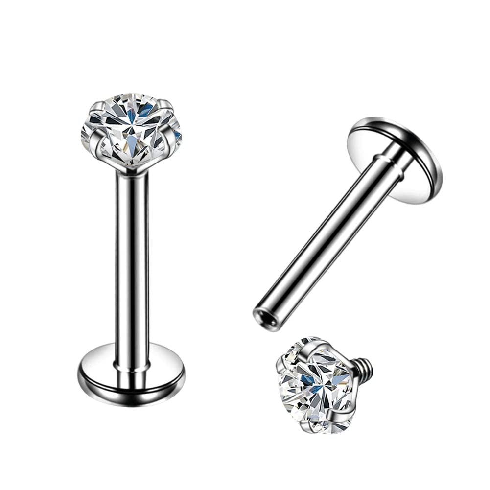 OUFER 16G G23 Solid Titanium Labret Piercing Internally Thread Lip Ring Clear CZ Tragus Helix Piercing Cartilage Earrings 2mm
