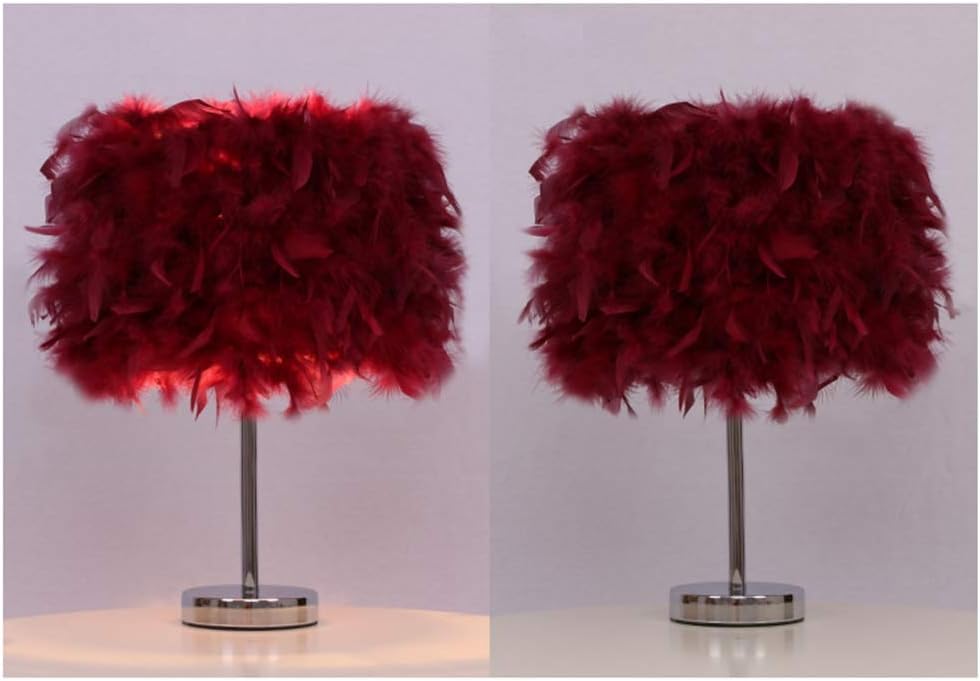 Hlidpu Feather Table Lamp Vintage Elegant Bedside Desk Night LightLampshade for Bedroom Foyer Living Reading Sitting Room Decorations,burgundy