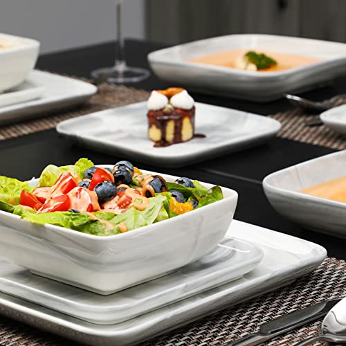 MALACASA Square Dinnerware Sets, 24Piece Marble Grey Plates and Bowls