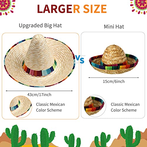 JaGely 4 Pcs Cinco De Mayo Mexican Fiesta Serape Poncho Fabric and Straw Sombrero Headbands Mexican Costume (Wide Brim)