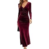 ebossy Women's Vintage Long Sleeve Velvet Maxi Dress Ruched Bodycon Mermaid Fishtail Wrap Evening Party Dress