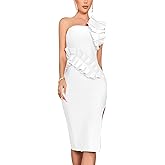 houstil Women's One Shoulder Wedding Guest Dress Side Split Bandage Bodycon Midi Cocktail Club Dresses