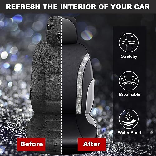 JanQee 2 Pack Bling Front Car Seat Covers, Universal Shining Crystal Diamond Rhinestone Soft Car Seat Protectors, Waterproof PU Leather Bling Car Accessories Interior Fit Most Cars(White Diamond)