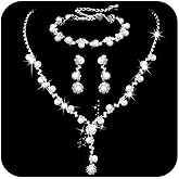 Unicra Silver Pearl Bridal Wedding Jewelry Set Rhinestone Necklace Earrings Bracelet Sets Formal Costume Jewelry for Women and Brides