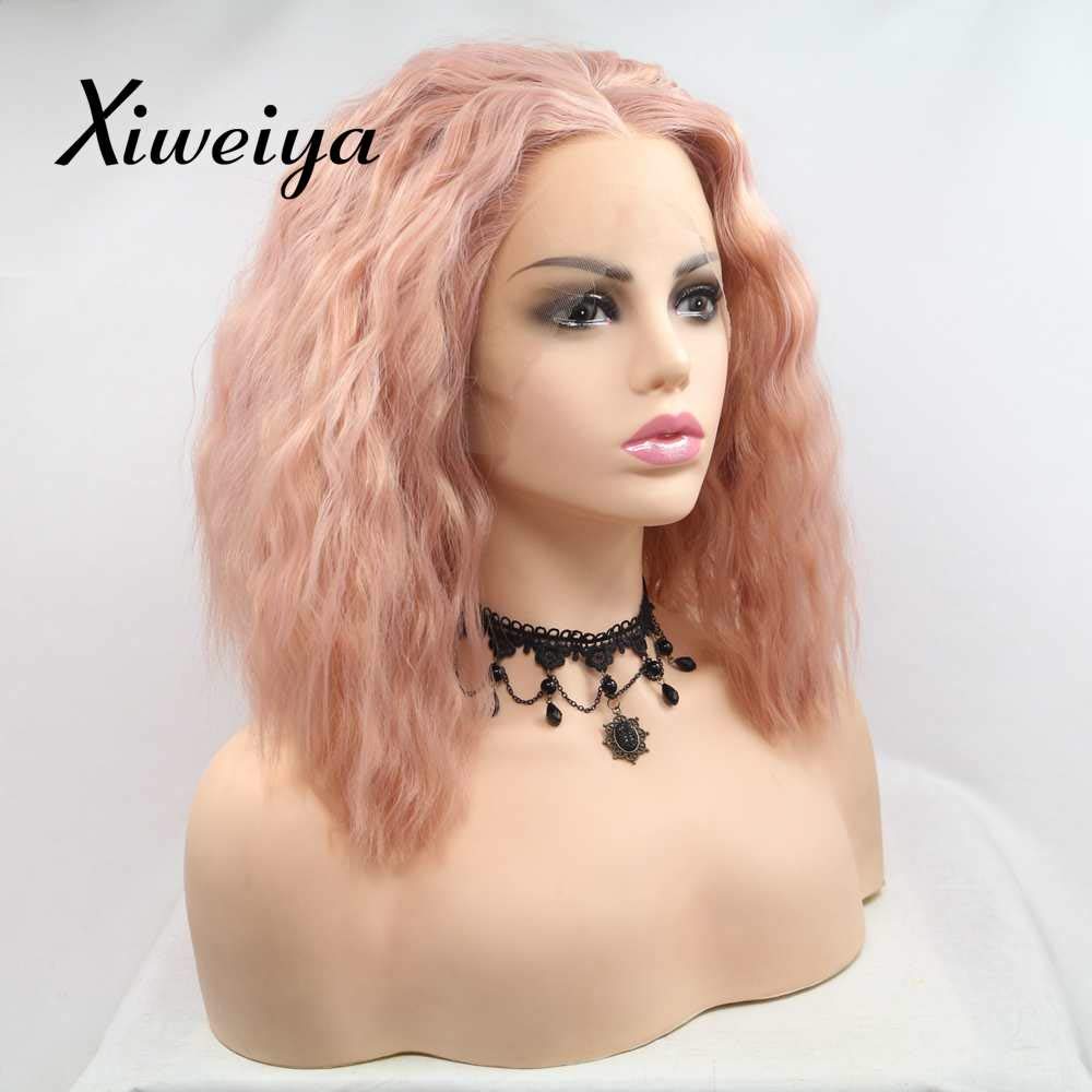 Xiwieya Rose Gold Pink Synthetic Lace Front Wigs Short Bob Loose Wave Wig Middle Part Mix Color Pink Heat Resistant Fiber For Women Water Wave Hair 14 inch… — image 1