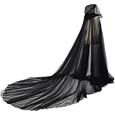 Sheer Wedding Tulle Cape Cloak Hooded Women Tulle Bridal Dress with Long Train for Vintage Costume Cosplay Halloween