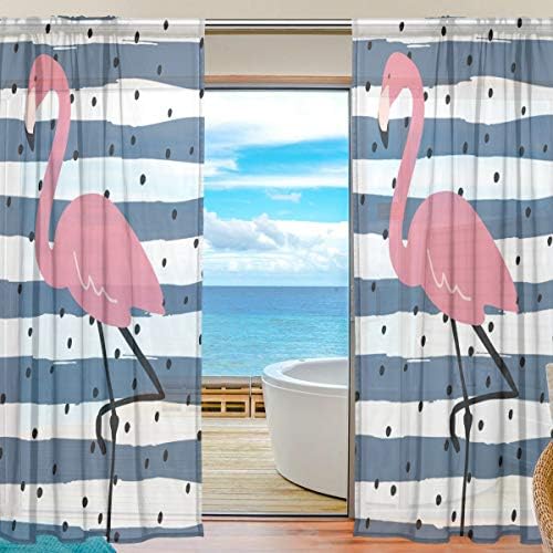 funnyy Window Sheer Curtain Vintage Tropical Animal Flamingo Stripe Tulle Voile Curtain Drapes Panels for Bedroom Living Room Home Decor, 55x78 inches, 2 Panels