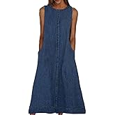 Womens Casual Sleeveless Maxi Denim Dress Crewneck Vintage Loose Long Vest Jean Dress with Pockets
