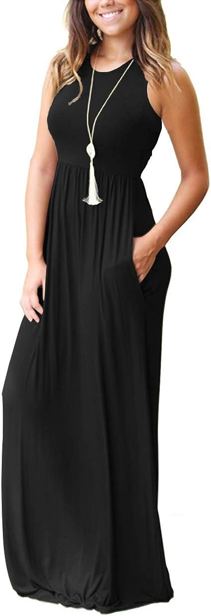AUSELILY Women's Summer Sleeveless Loose Plain Maxi Dress Casual Long Dress with Pockets at  Women’s Clothing store