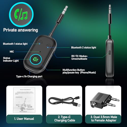 Dalimee Bluetooth Transmitter Adapter for Airplane, Bluetooth Receiver for Headphones, Dual Pairing, Stable Connection, Aux Bluetooth Transmitter Receiver for TV, Headphones, Air fly, Car, Airplane