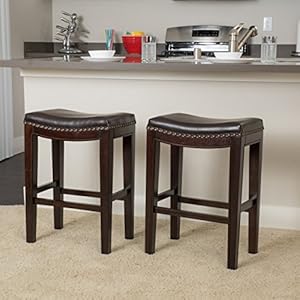 Two leather seat stools with wooden bases