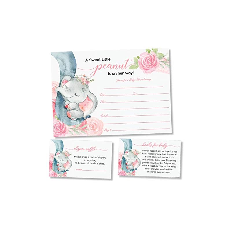 25 Boxed Pink Elephant Jungle Baby Shower Invitations and Envelopes (Large Size 5X7 INCHES), 25 Diaper Raffle Tickets…
