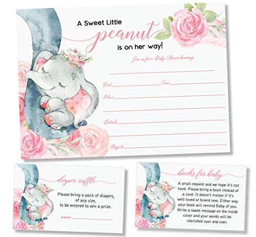 25 Boxed Pink Elephant Jungle Baby Shower Invitations and Envelopes (Large Size 5X7 INCHES), 25 Diaper Raffle Tickets…