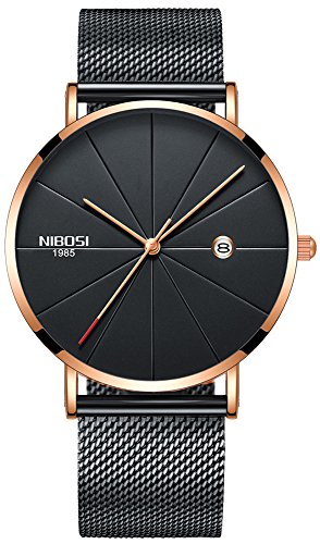 Watch VOEONS Analog Quartz Mens Watches, Slim Casual Black Wrist Watch for Men - Waterproof, Date, Stainless Steel Milanese Mesh Band & Gold Case