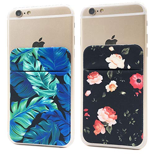 2Pack Adhesive Phone Pocket,Cell Phone Stick On Card Wallet Sleeve,Credit Cards/ID Card Holder(Double Secure) with 3M Sticker for Back of iPhone,Android and All Smartphones (Rose Floral&Palm Leave)