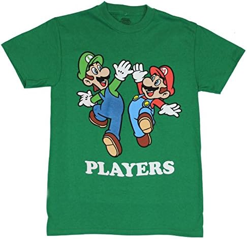 Super Mario Brothers (Nintendo) Mens T-Shirt - "Players" Luigi Mario High Five (Extra Large) Green