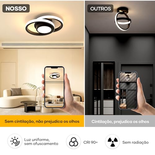 Trailabo Luminária LED de Teto, Luminária Redonda + Duas Fitas de Luz Circulares, Iluminação Ajustável em Três Cores, para Sala e Quarto, 3000-6000K (Preto)