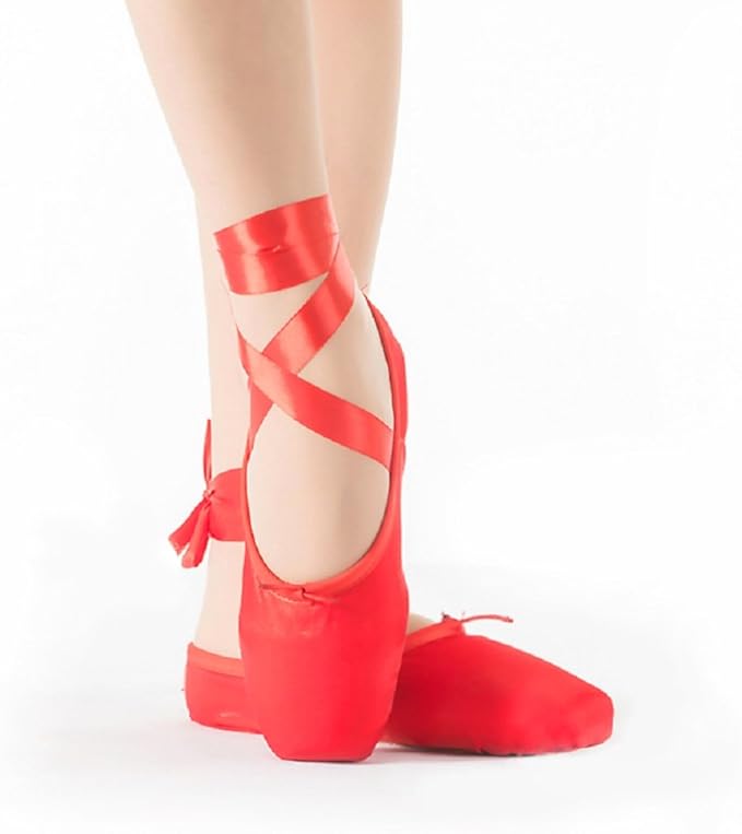 Girls Womens Dance Shoe Red Satin Ballet Pointe Shoes with Ribbon and