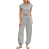 Fisoew Women's Two Piece Outfits Casual Lounge Sets Crop Tops and Joggers Tracksuit with Pockets