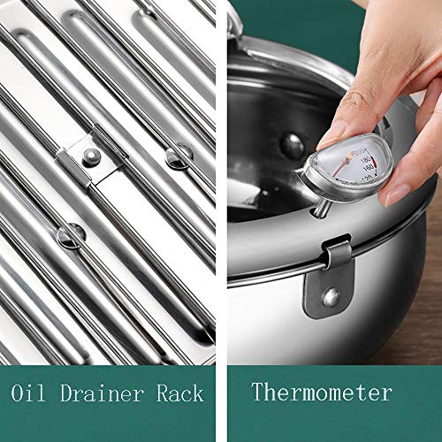 Tempura Frying Pot, Japanese Style 304 Stainless Steel Deep Fryer Pan With Thermometer,Lid And Oil Drip Drainer Rack for Turkey Legs, Chicken Wings, French Frise (24cm/9.4inch)