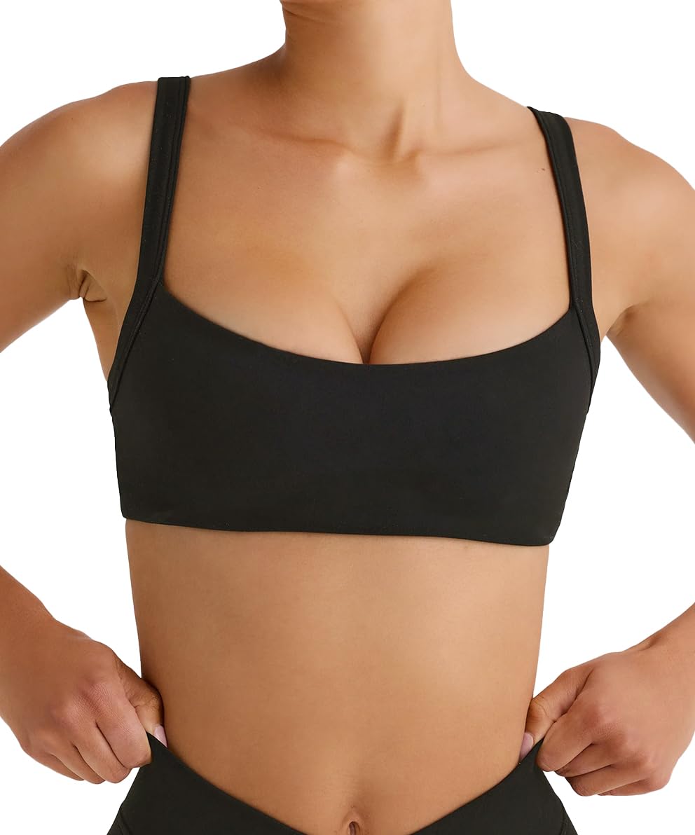 Photo 1 of Olmlmt Wireless Padded Sports Bras for Women Adjustable Strap Square Neck Yoga Athletic Workout Crop Top(O520-Black-M)