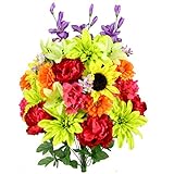 Admired By Nature 36 Stems Artificial New Dahlia, Sunflower, Peony, Hydrangea Mixed Flower Bush Greenery for Memorial Day, Cemetery, Home office, Wedding, Restaurant Decor, Country