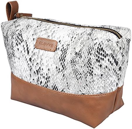 Clovve Handmade Buffalo Leather and Block Printed Canvas Travel / Cosmetic Kit for Men and Women, 10 inches | Unisex travel bag to store makeup and toiletries | White &amp; Snake