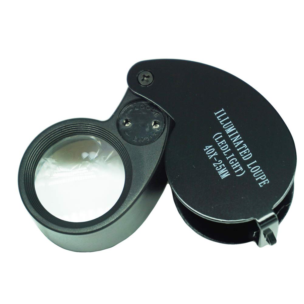 40X Jewellery Magnifier lluminated Jeweller Loupe Pocket Slide Out Scientific Document Magnify Tool with 25mm Glass Magnifying Lens Eye Loupe and LED Light (Black)