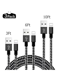 OwnHealer - Cable Lightning con certificado MFi para iPhone, 3 unidades (3 6 10 pies), cable de carga y sincronización USB trenzado de nailon extralargo, compatible con iPhone Xs Max XR 8 8 Plus 7 7 Plus 6s 6s Plus.