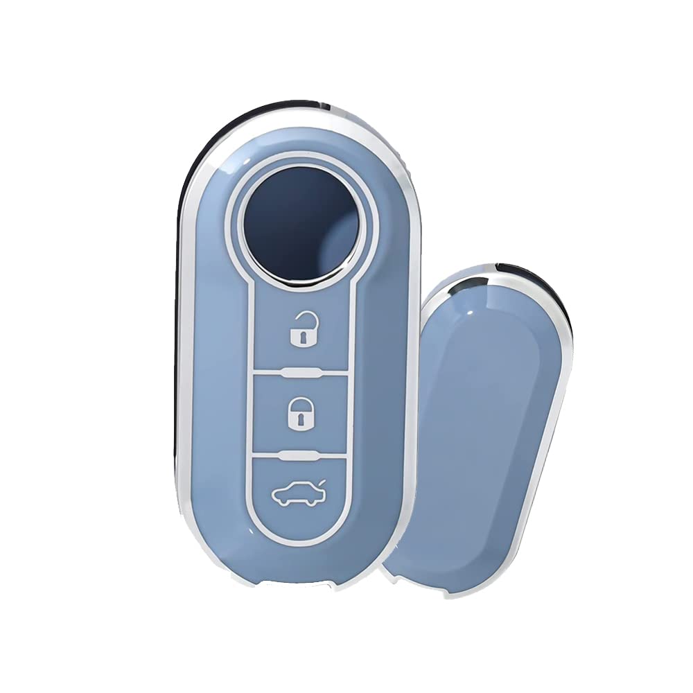 HIBEYO Flip Key Car Key Case Fits Fiat Key Case Silicone Protective Case for Fiat 500 Panda Grande Punto Delta Bravo Sedici Key Case Key Fob 3 Buttons Silver Blue