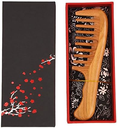 Behomy Wooden Hair Comb for Women, Green Sandalwood Handmade Wide Tooth Comb with Natural Aroma for Detangling Thick Curly Hair with Storage Box