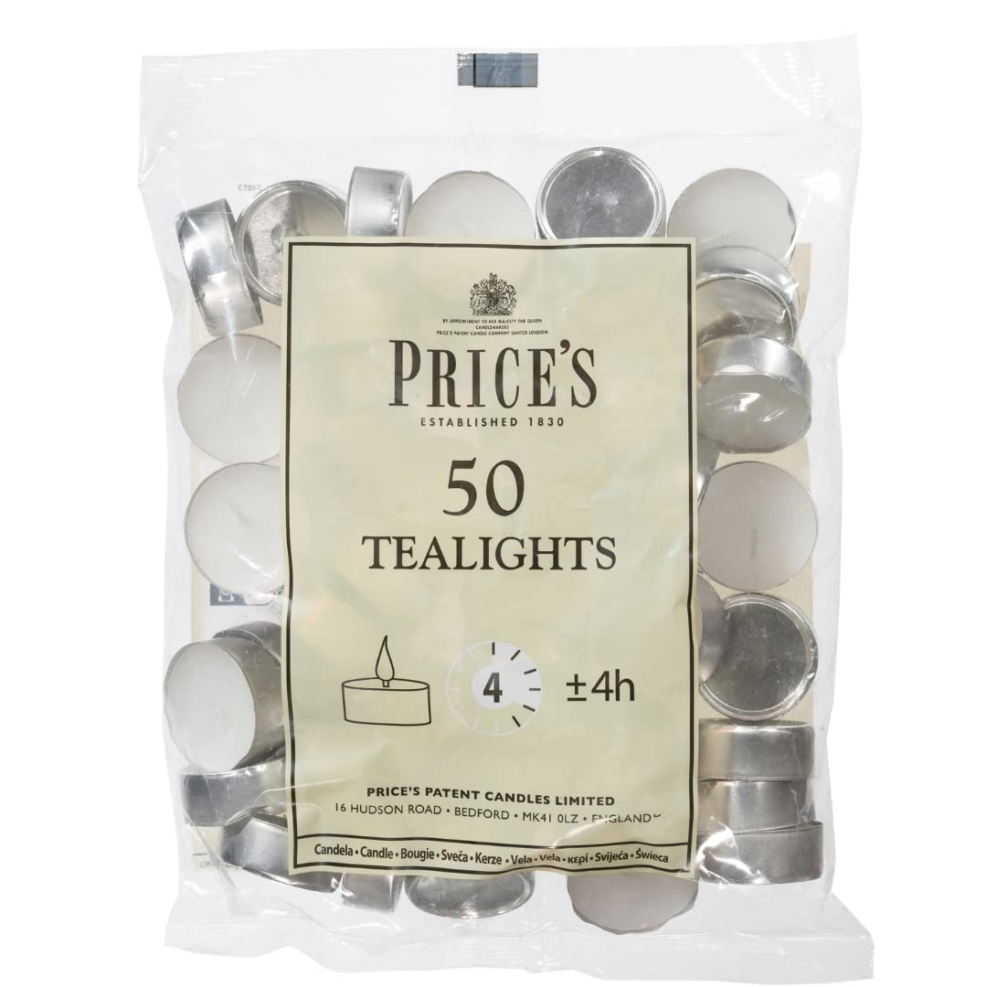 Prices Patent Candles White Tealights Bag, Pack of 50, Wax, l x 3.8cm w x 1.8cm h, Unscented