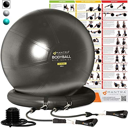 Exercise Ball Chair - 65cm & 75cm Yoga Fitness Pilates Ball & Stability Base for Home Gym & Office - Resistance Bands, Workout Poster & Pump. Improves Balance, Core Strength & Posture - Men & Women