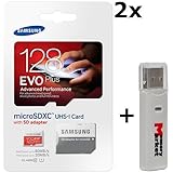 Samsung MicroSD XC Class 10 UHS-1 80mb/s 128GB SD Memory Card, with Adapter, Bundle with USB 2.0 MemoryMarket Dual Slot card Reader